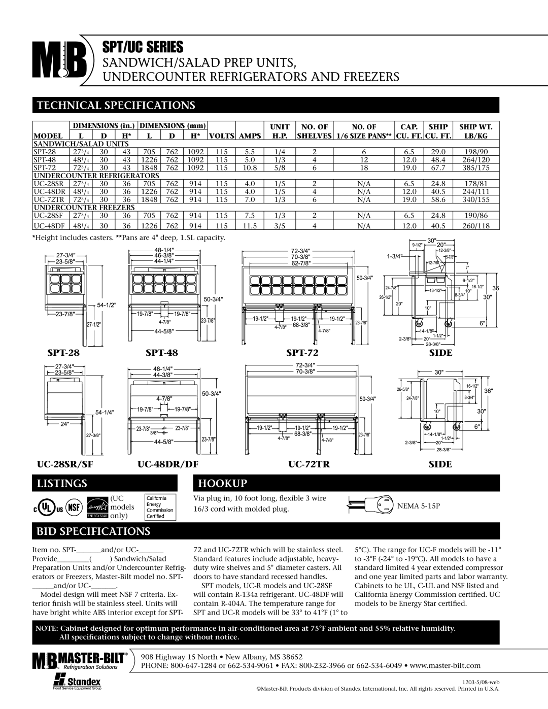 Master Bilt SPT/UC Series warranty Technical Specifications, Listings, Hookup, BID Specifications 