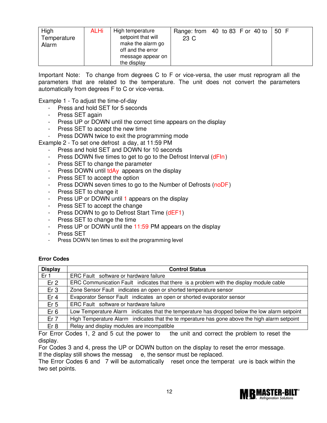 Master Bilt TAF-48 ERC2, TAF-27 ERC2, TAF-74 ERC2 manual ALHi, Error Codes Display Control Status 