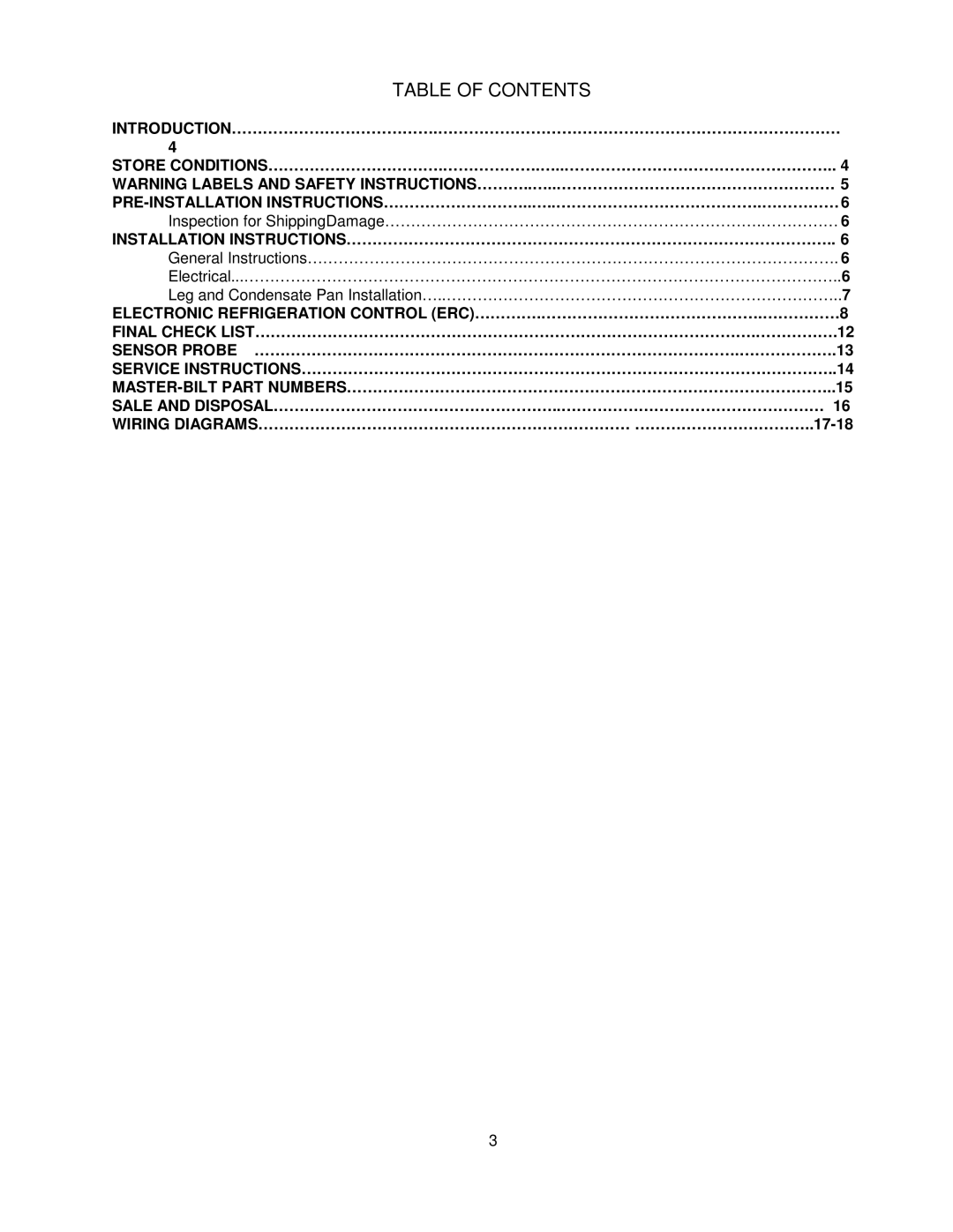 Master Bilt TAF-48 ERC2, TAF-27 ERC2, TAF-74 ERC2 manual Table of Contents 