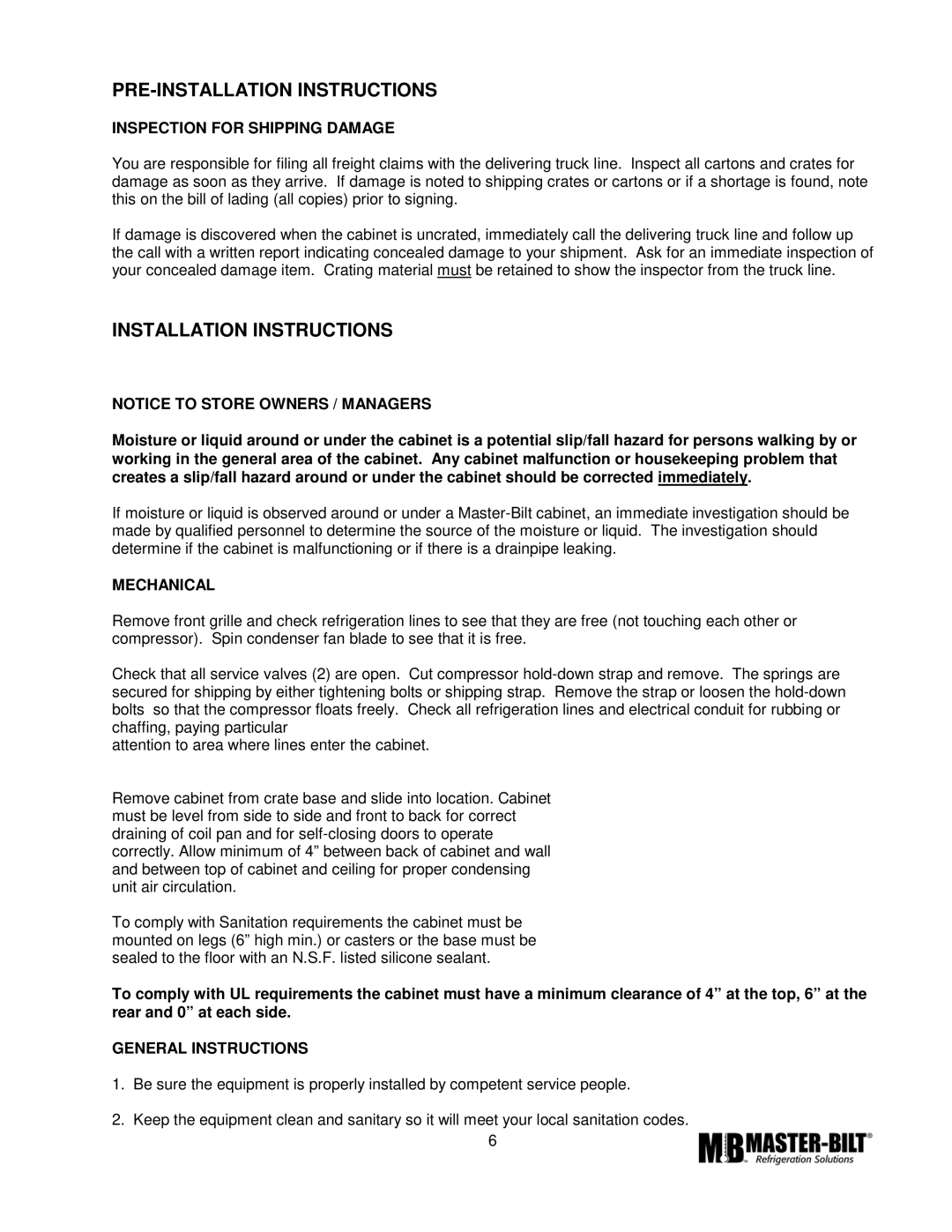 Master Bilt TAF-48 ERC2 manual PRE-INSTALLATION Instructions, Installation Instructions, Inspection for Shipping Damage 