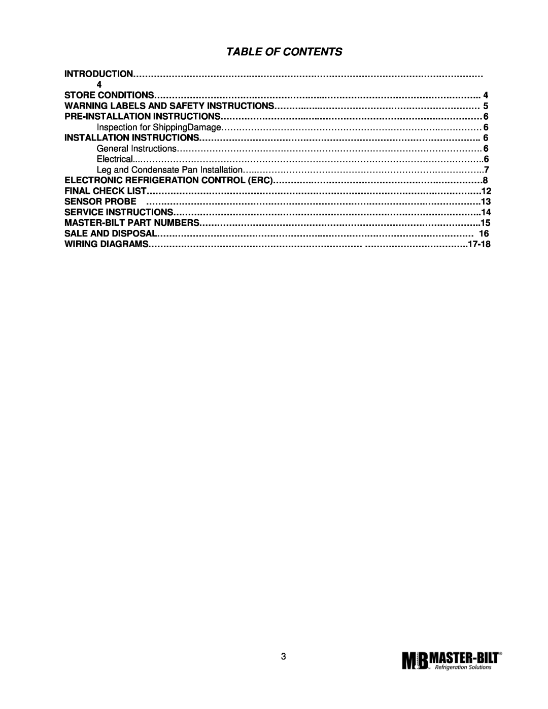 Master Bilt TAF-48 ERC2, TAF-27 ERC2, TAF-74 ERC2 manual Table Of Contents 