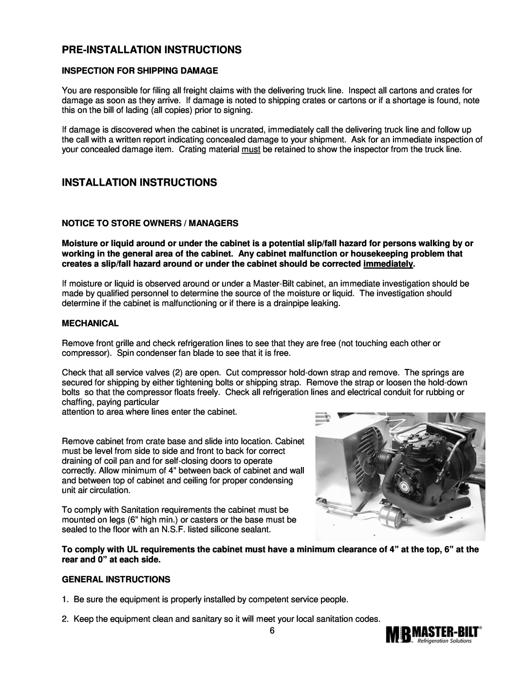 Master Bilt TAF-48 ERC2 manual Pre-Installationinstructions, Installation Instructions, Inspection For Shipping Damage 