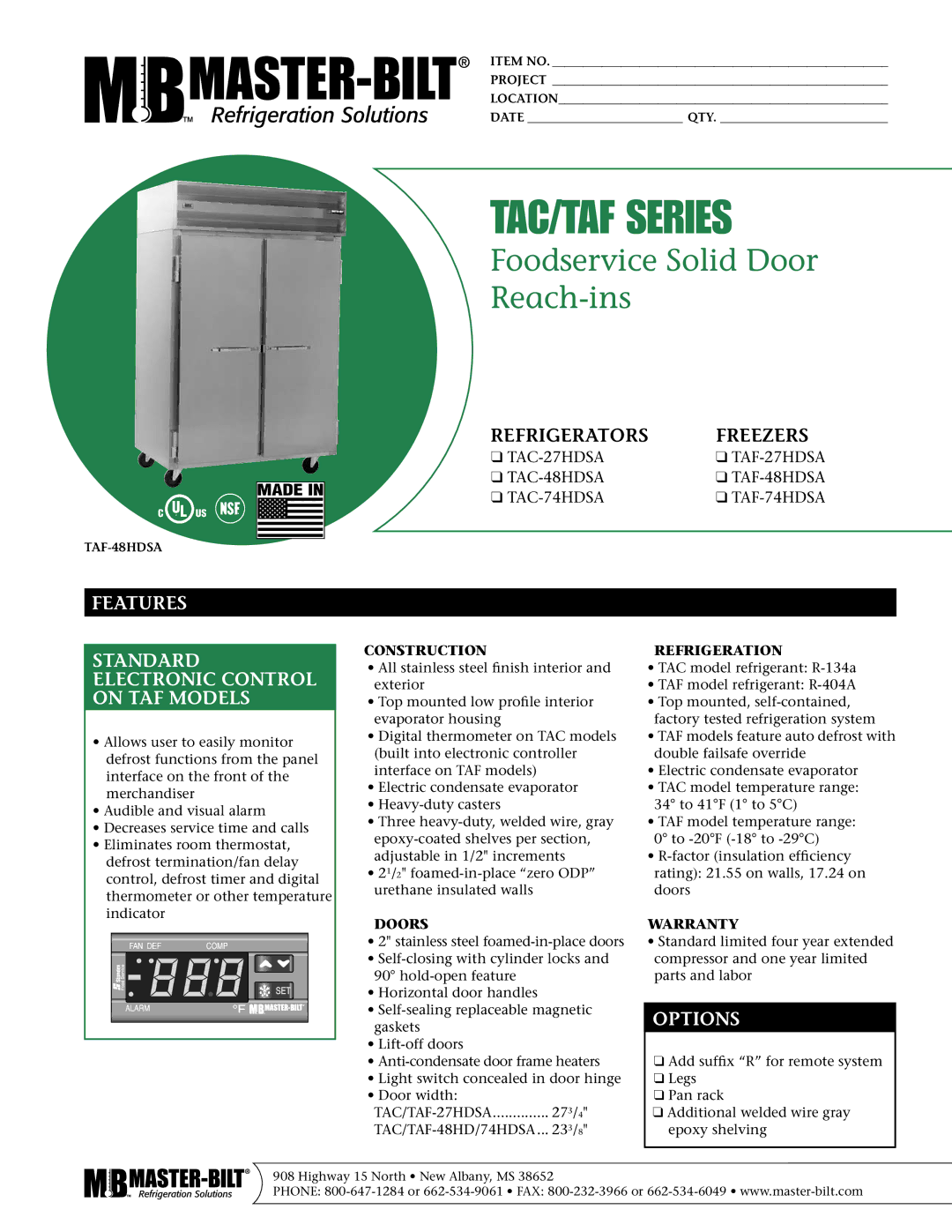 Master Bilt TAF-48HDSA, TAF-74HDSA, TAF-27HDSA warranty Features Standard Electronic Control on TAF Models, Options 