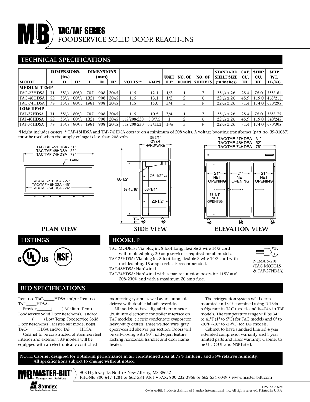 Master Bilt TAF-27HDSA, TAF-74HDSA, TAF-48HDSA, TAC-48HDSA Technical Specifications, Listings, Hookup, BID Specifications 