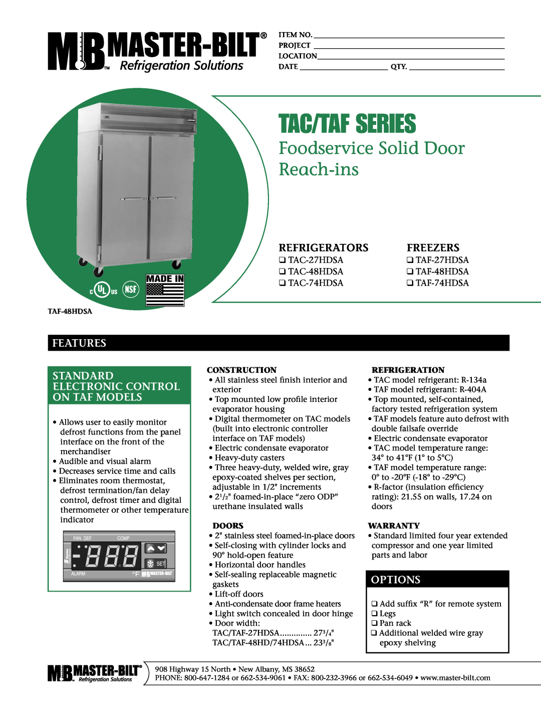 Master Bilt TAF-48HDSA warranty Refrigerators, Freezers, Features Standard Electronic Control On Taf Models, Options 
