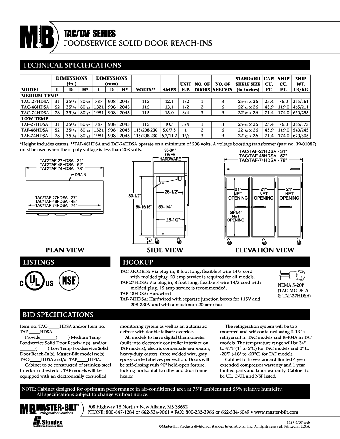 Master Bilt TAF-27HDSA Technical Specifications, Plan View, Listings, Side Viewelevation View, Hookup, Bid Specifications 