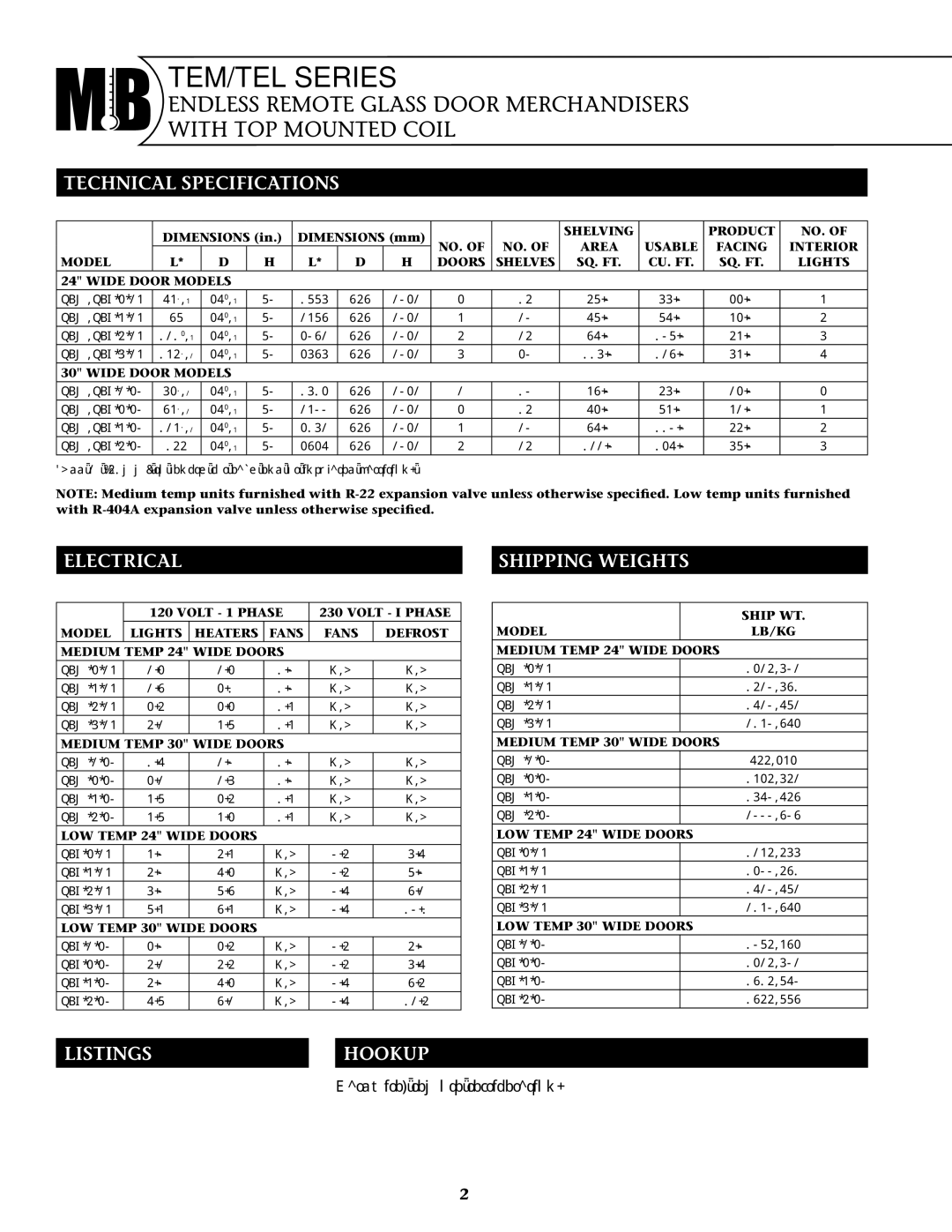 Master Bilt TEM-5-24, TEM-4-30, TEM-6-24, TEM-4-24 Technical Specifications, Electrical Shipping Weights, Listings Hookup 