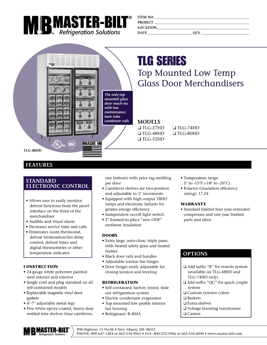 Master Bilt TLG-74HD, TLG-80HD, TLG-48HD, TLG-52HD, TLG-27HD warranty Features Standard Electronic Control, Options 