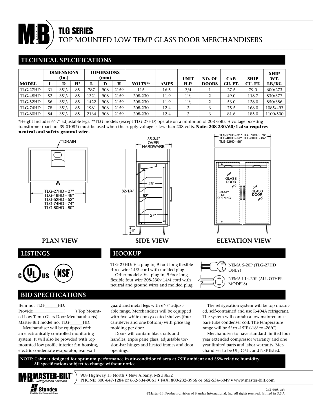 Master Bilt TLG-48HD, TLG-80HD, TLG-74HD, TLG-52HD, TLG-27HD Technical Specifications, Listings, Hookup, BID Specifications 