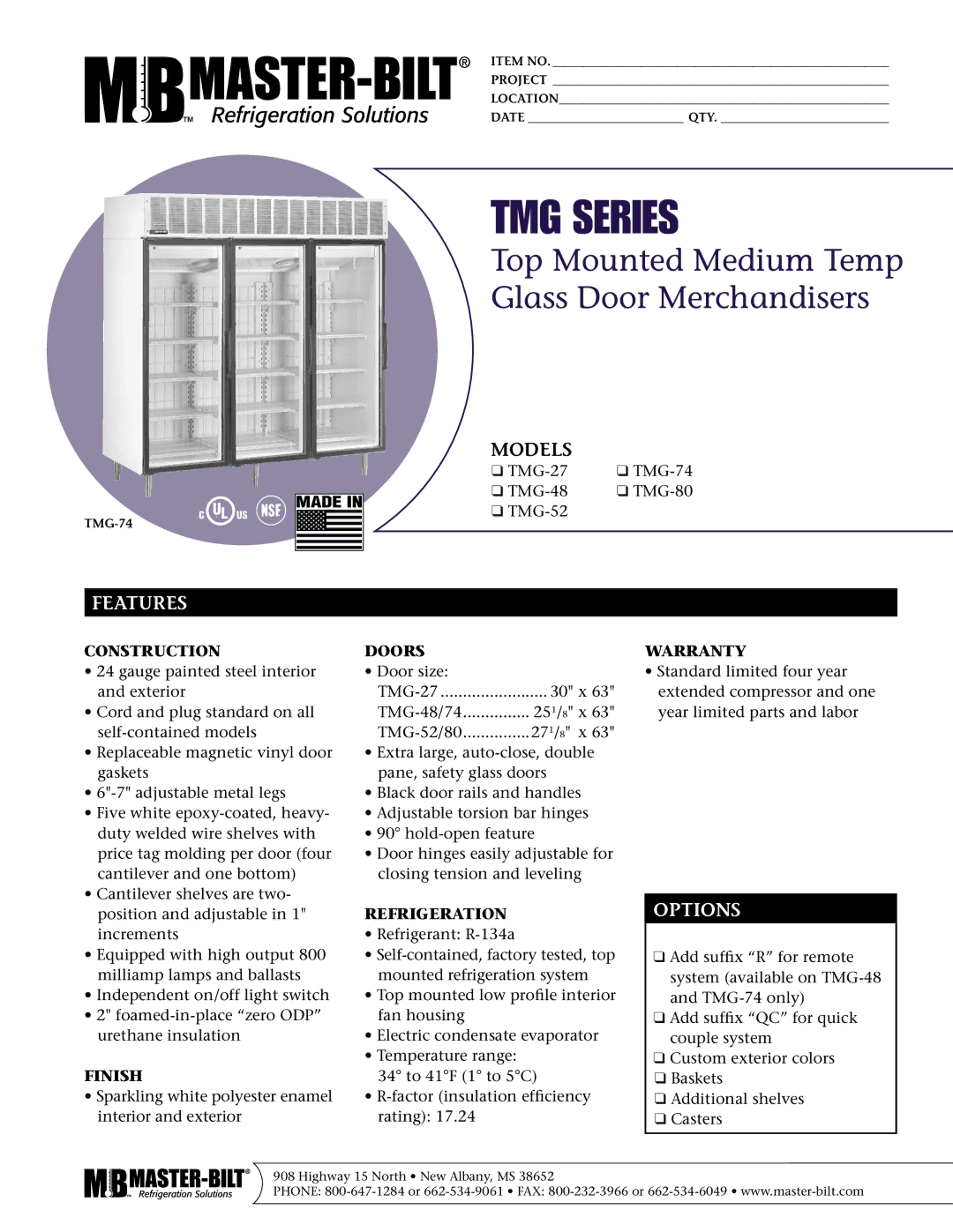 Master Bilt TMG-27, TMG-52, TMG-80, TMG-48, TMG-74 warranty Features, Options 