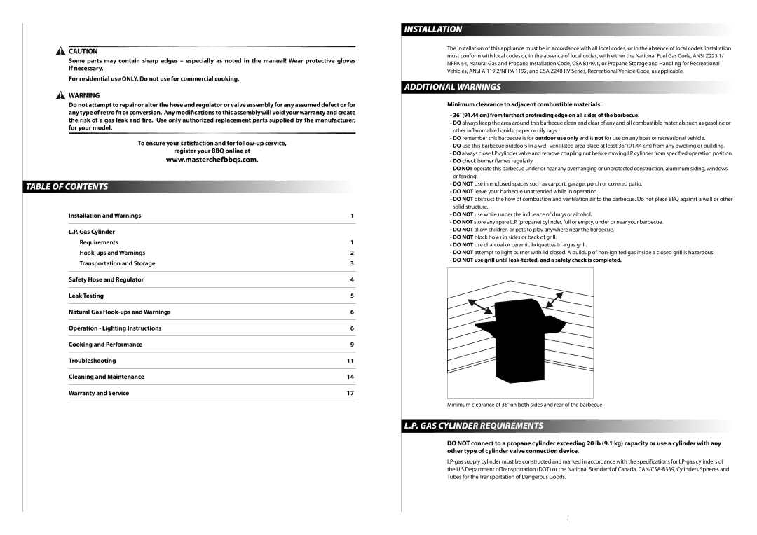 Master Chef T620, T420, Traveling Chef, T360 Table of Contents, Installation, Additional Warnings, GAS Cylinder Requirements 