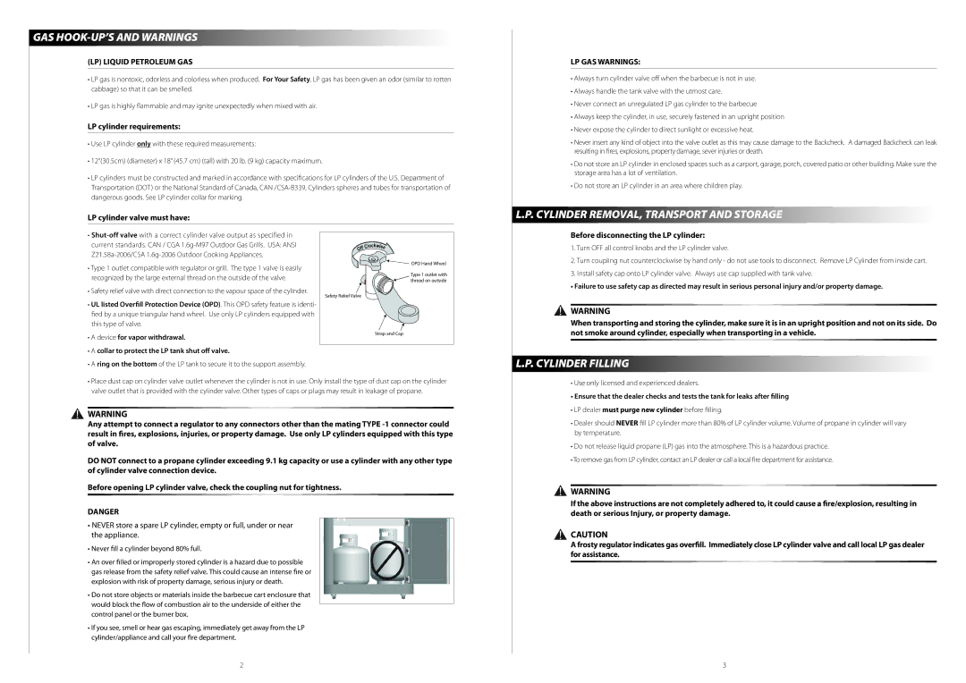 Master Chef T360 GAS HOOK-UP’S and Warnings, Cylinder REMOVAL, Transport and Storage, Cylinder Filling, LP GAS Warnings 