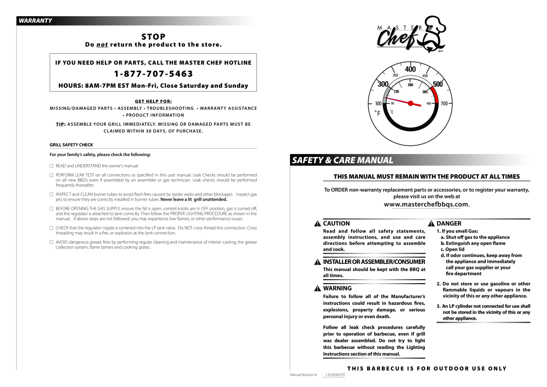 Master Chef Traveling Chef manual Warranty, please visit us on the web at, Installerorassembler/Consumer, Stop, Danger 