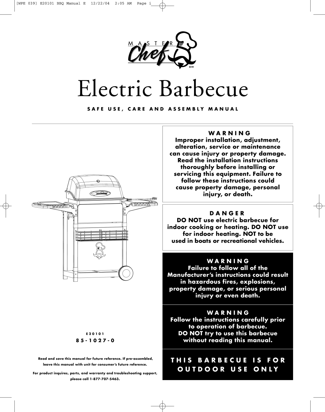 Master Chef 85-1027-0, WPE 039, E20101 manual Electric Barbecue 