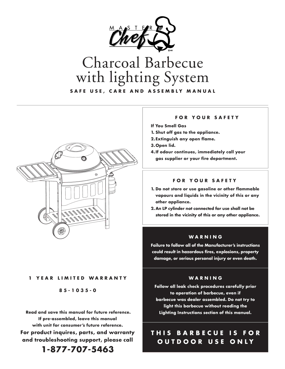 Master Chef 85-1035-0, WPE, Big Gas1 manual Charcoal Barbecue with lighting System, R Y O U R S a F E T Y 