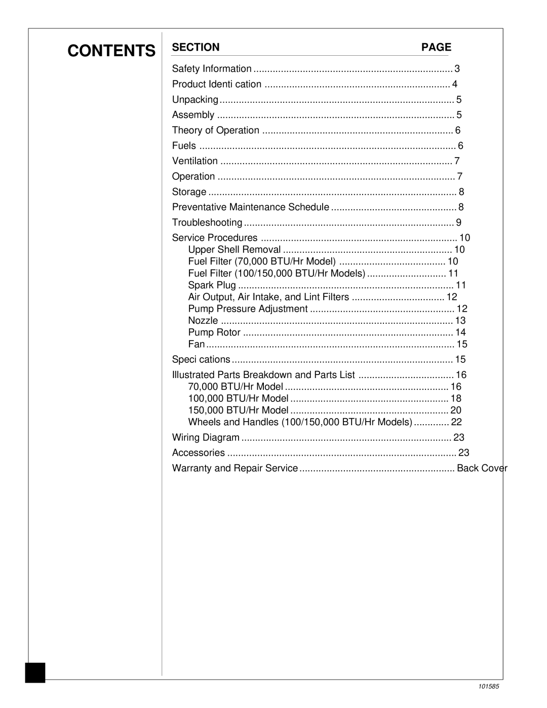 Master Lock 100000 BTU/Hr, 150000 BTU/Hr, 70000 BTU/Hr owner manual Contents 