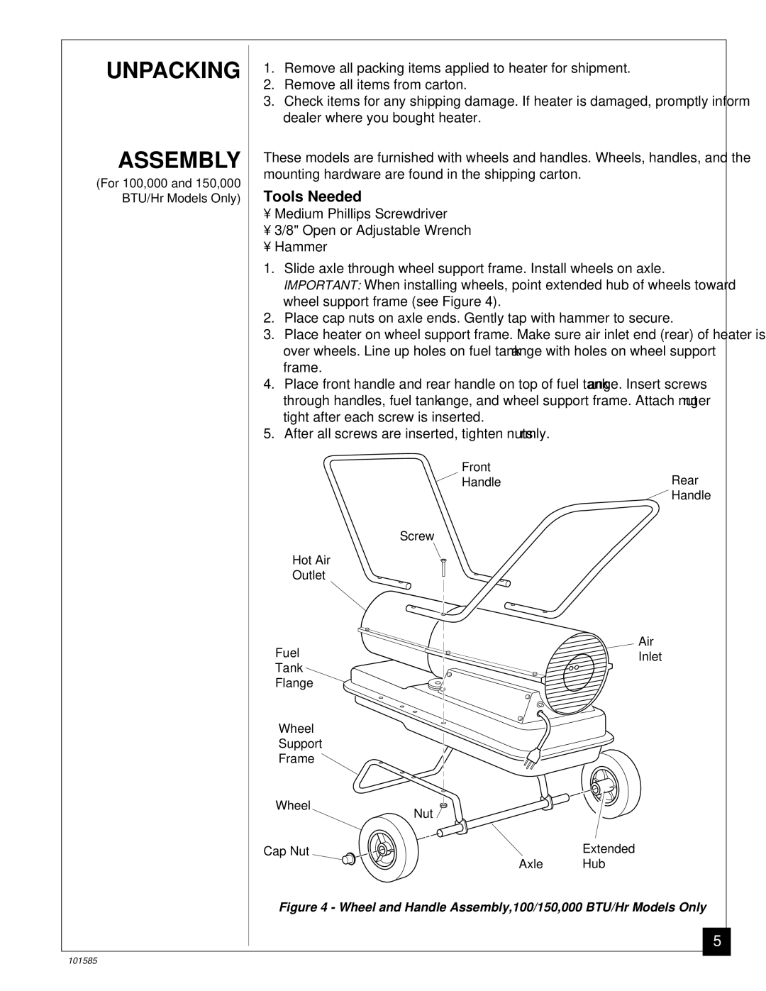 Master Lock 100000 BTU/Hr, 150000 BTU/Hr, 70000 BTU/Hr owner manual Unpacking Assembly, Tools Needed 