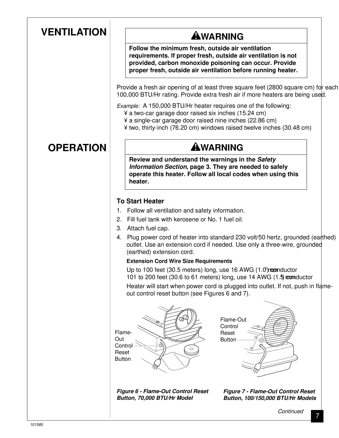 Master Lock 70000 BTU/Hr, 150000 BTU/Hr, 100000 BTU/Hr owner manual Ventilation Operation, To Start Heater 