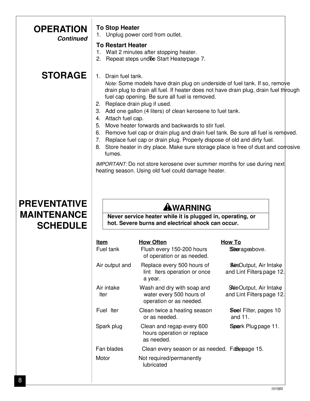 Master Lock 100000 BTU/Hr Operation Storage Preventative Maintenance Schedule, To Stop Heater, To Restart Heater 