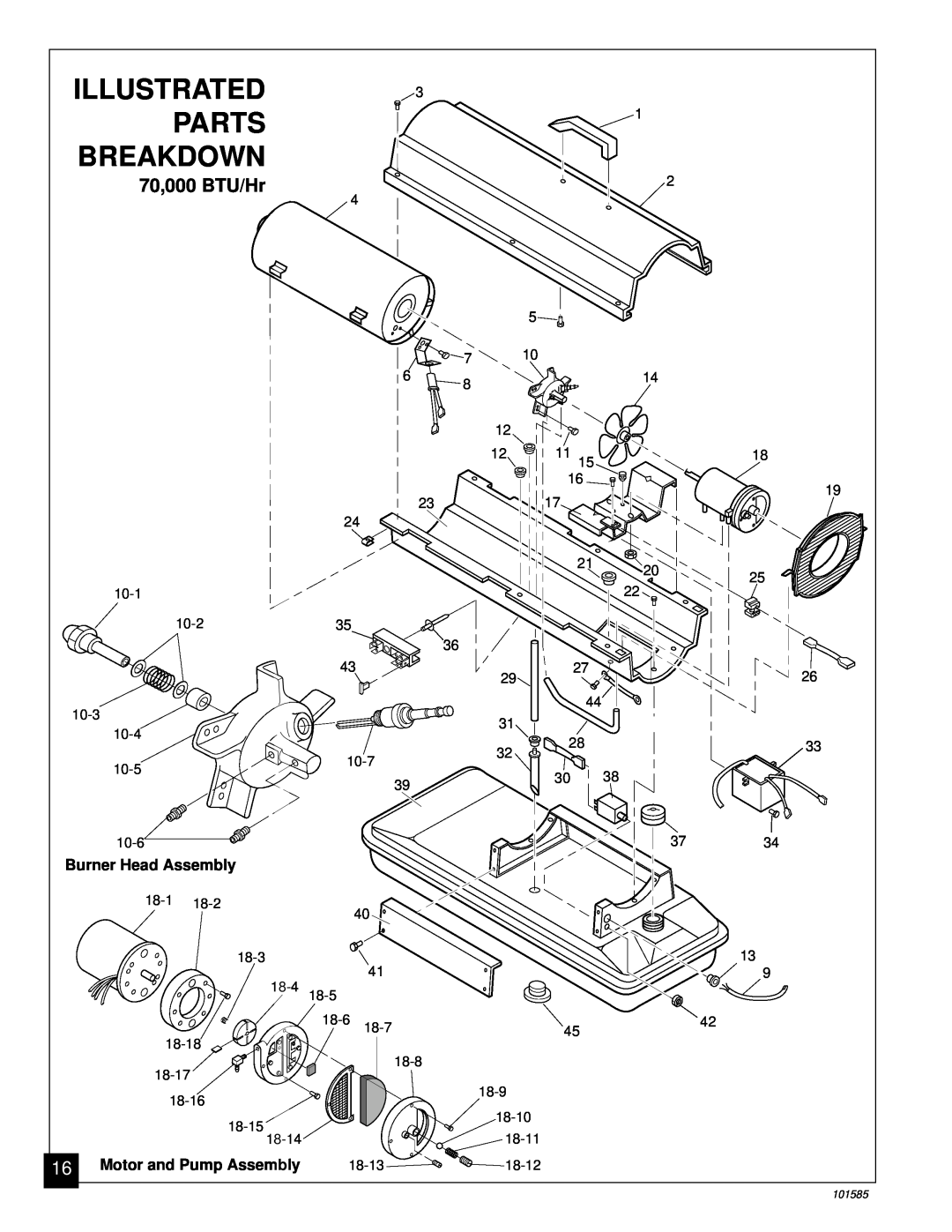 Master Lock 70000 BTU/Hr Parts, Breakdown, Illustrated, 70,000 BTU/Hr, Burner Head Assembly, Motor and Pump Assembly 