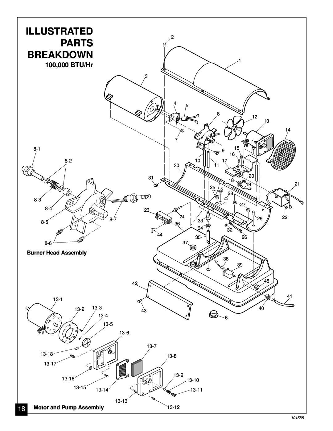 Master Lock 150000 BTU/Hr 100,000 BTU/Hr, Parts, Breakdown, Illustrated, Burner Head Assembly, Motor and Pump Assembly 