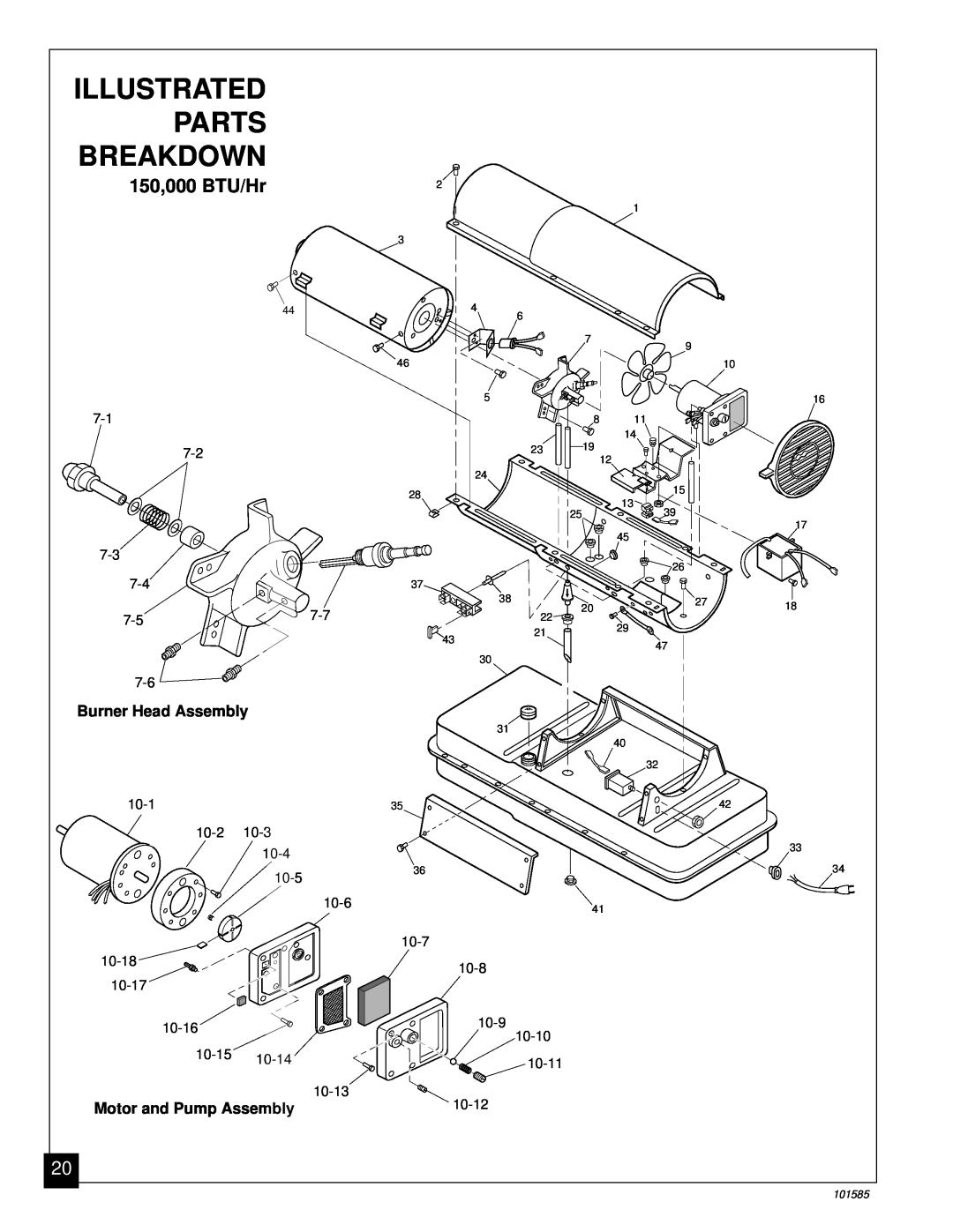 Master Lock 100000 BTU/Hr Illustrated, 150,000 BTU/Hr, Parts, Breakdown, Burner Head Assembly, Motor and Pump Assembly 