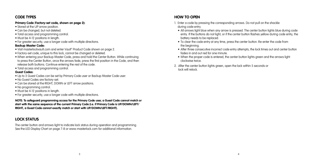 Master Lock 1500eD user manual Code Types, Lock Status HOW to Open 