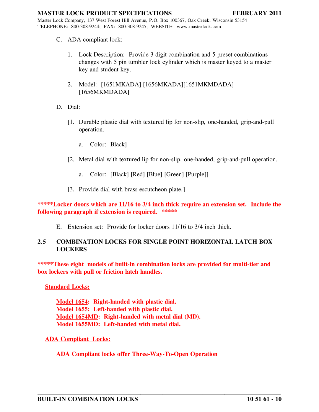 Master Lock 1656MKADA, 1653MD, 1656MKMDADA, 1652MD, 1651MKADA, 1651MKMDADA Master Lock Product Specifications February 