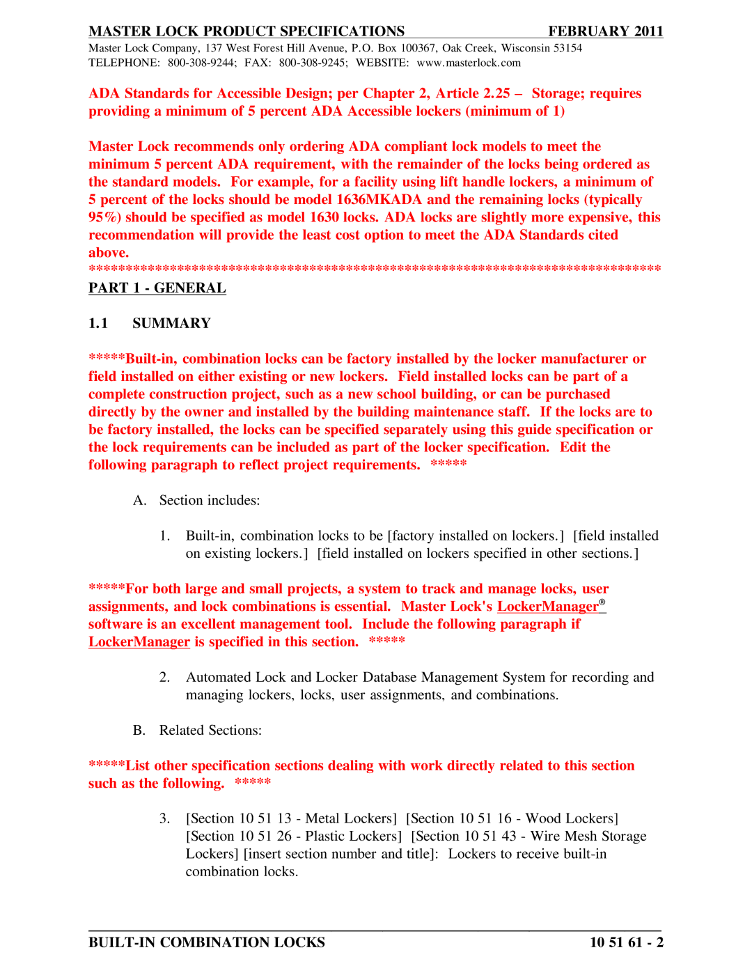 Master Lock 1656MKADA, 1653MD, 1656MKMDADA, 1652MD Master Lock Product Specifications February, Part 1 General Summary 