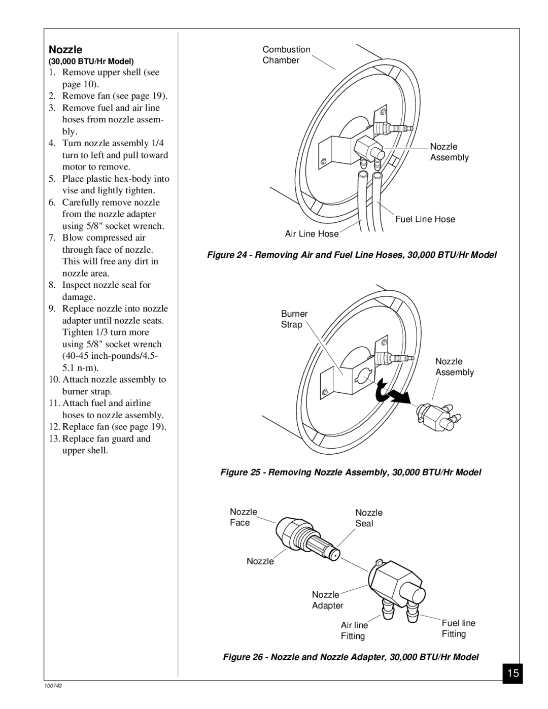 Master Lock B150, B30, B70, B100 owner manual Nozzle, Removing Air and Fuel Line Hoses, 30,000 BTU/Hr Model 