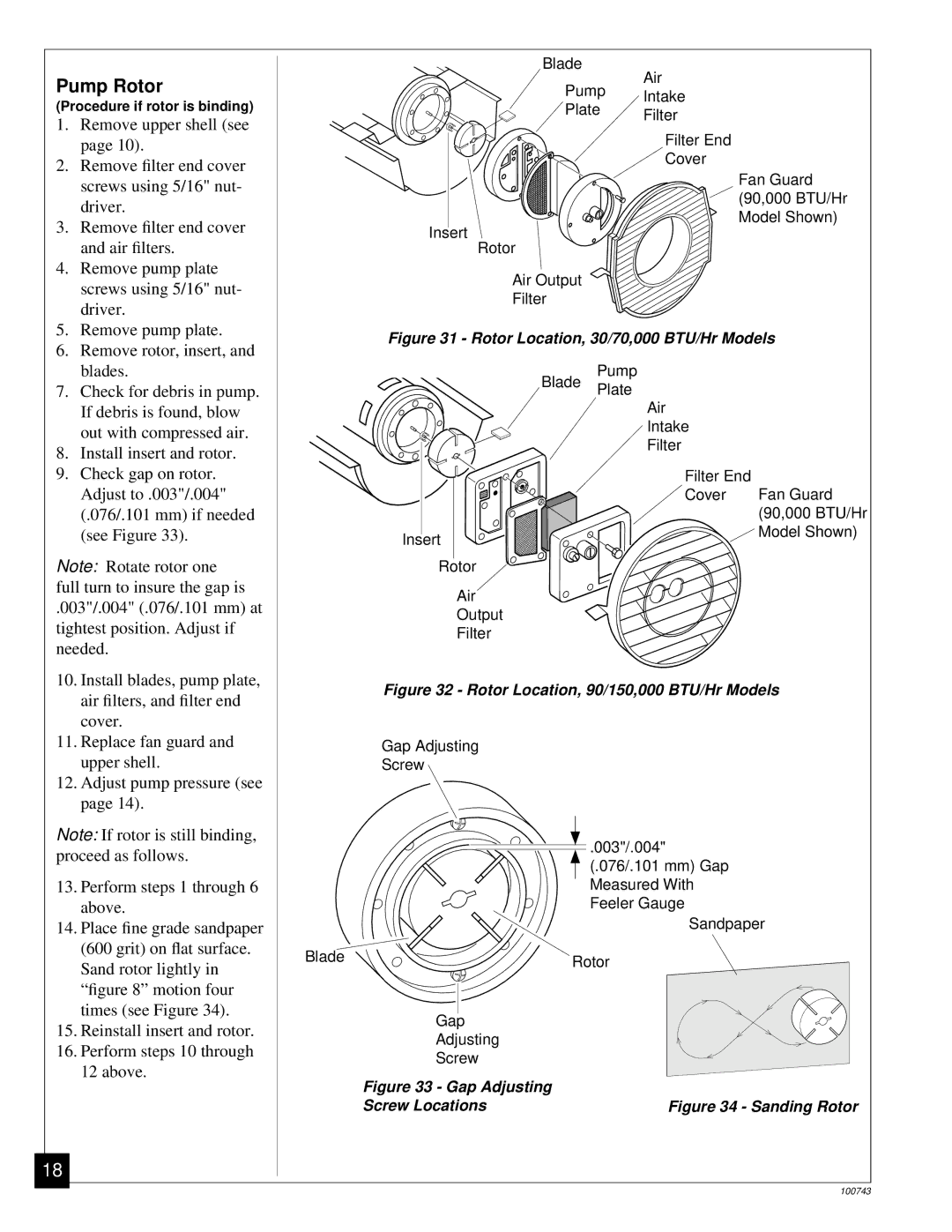 Master Lock B100, B30, B70, B150 owner manual Pump Rotor, Rotor Location, 30/70,000 BTU/Hr Models 