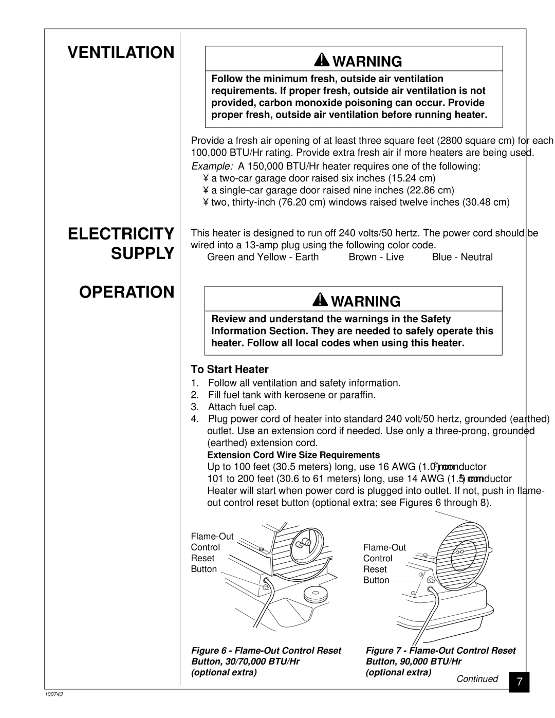 Master Lock B150, B30, B70, B100 owner manual Ventilation, Electricity, Supply, To Start Heater 