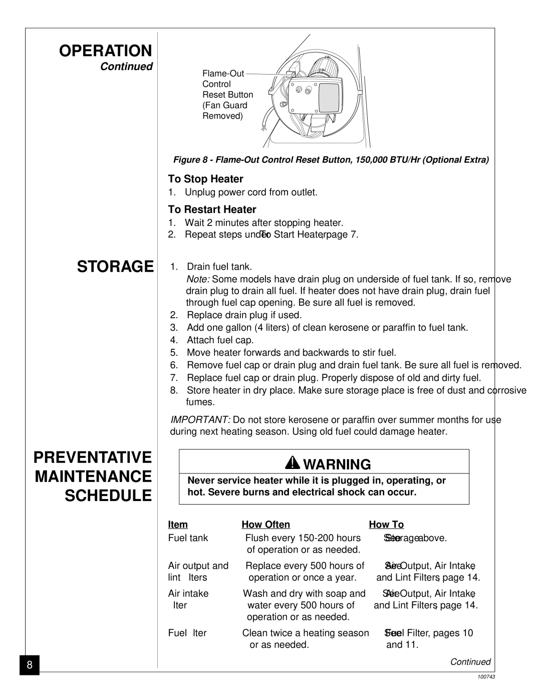 Master Lock B30, B70, B100, B150 owner manual Storage, Preventative Maintenance, Schedule, To Stop Heater, To Restart Heater 