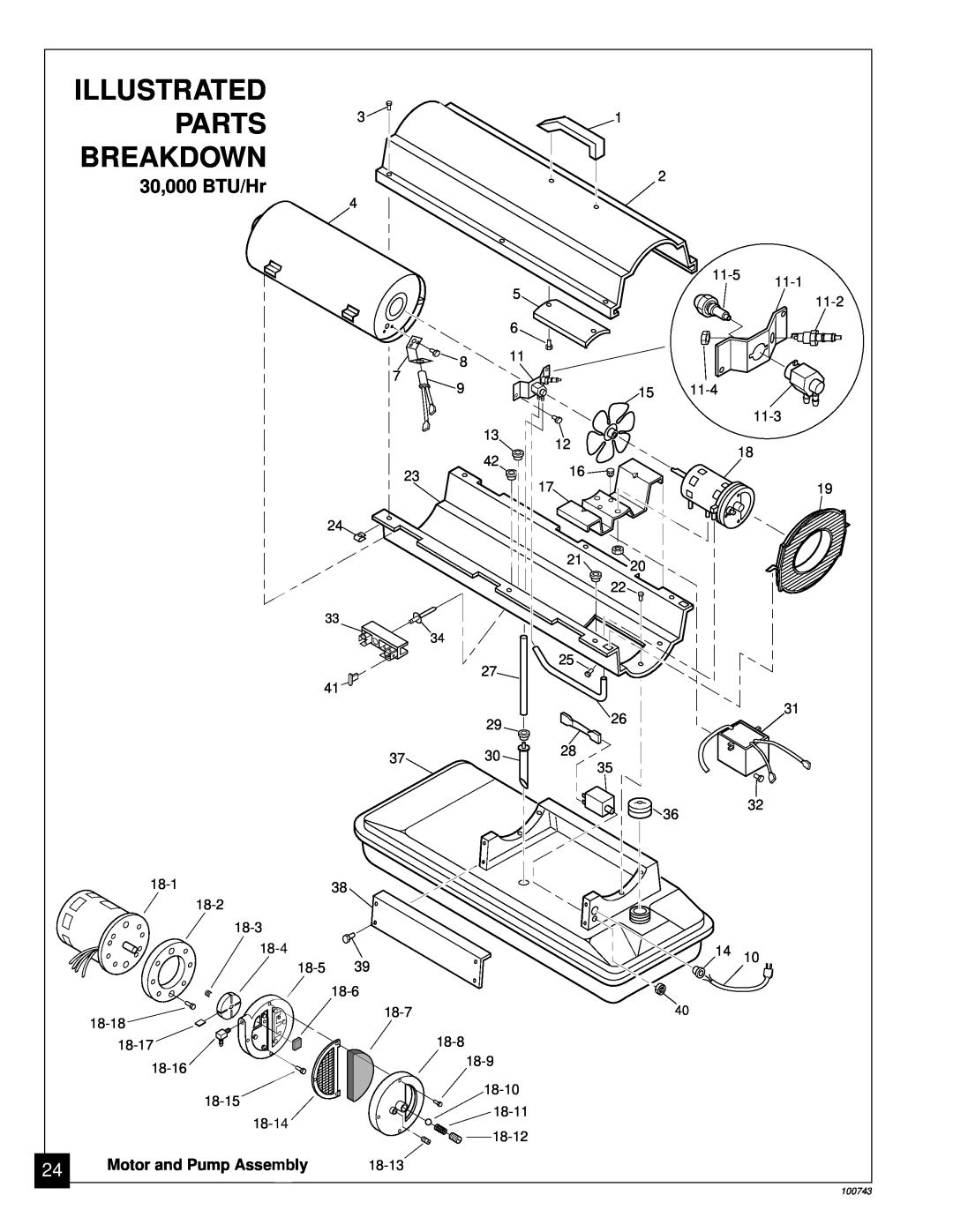 Master Lock B30, B70, B100, B150 owner manual Illustrated, Parts, Breakdown, 30,000 BTU/Hr, Motor and Pump Assembly 