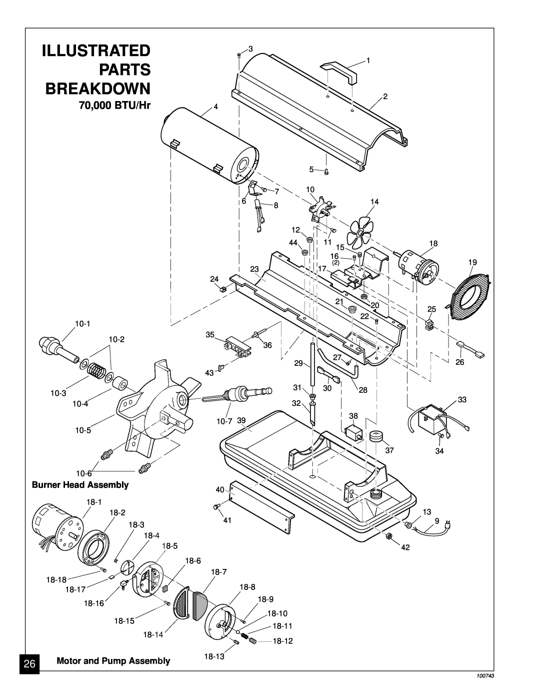 Master Lock B100, B30, B70, B150 owner manual 70,000 BTU/Hr, Illustrated, Parts, Breakdown, Burner Head Assembly 