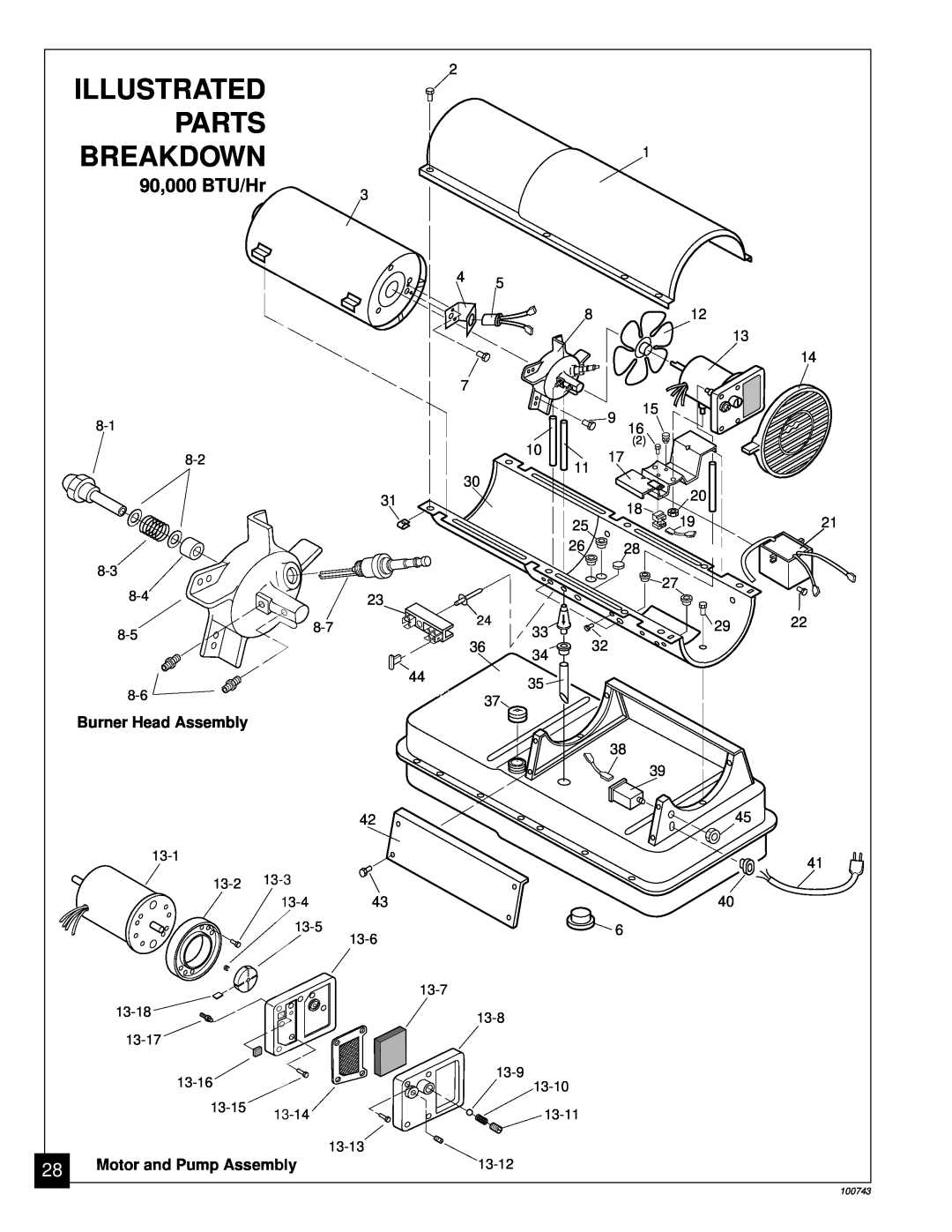Master Lock B30, B70, B100, B150 owner manual 90,000 BTU/Hr, Illustrated, Parts, Breakdown, Burner Head Assembly 