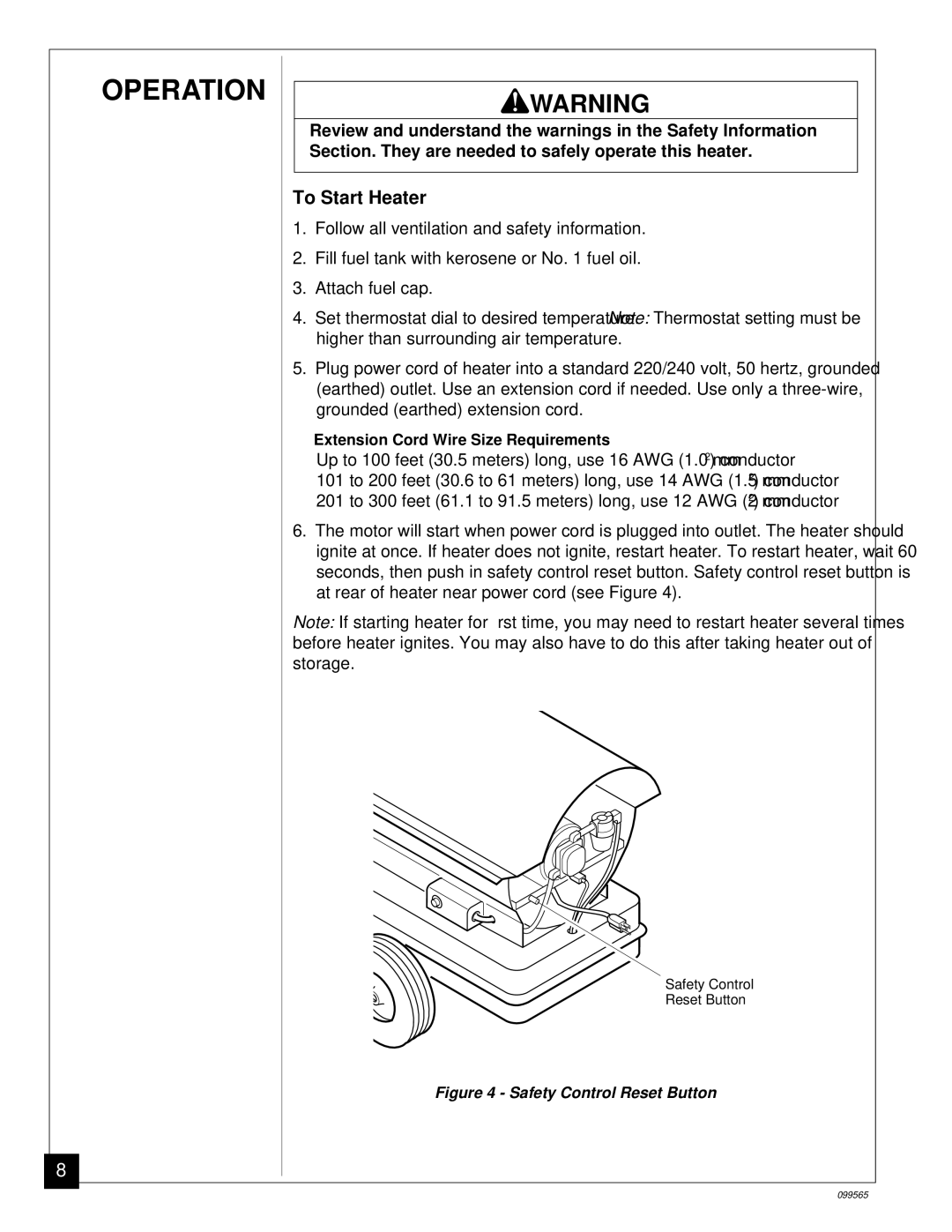 Master Lock B350EAI owner manual To Start Heater, Safety Control Reset Button 