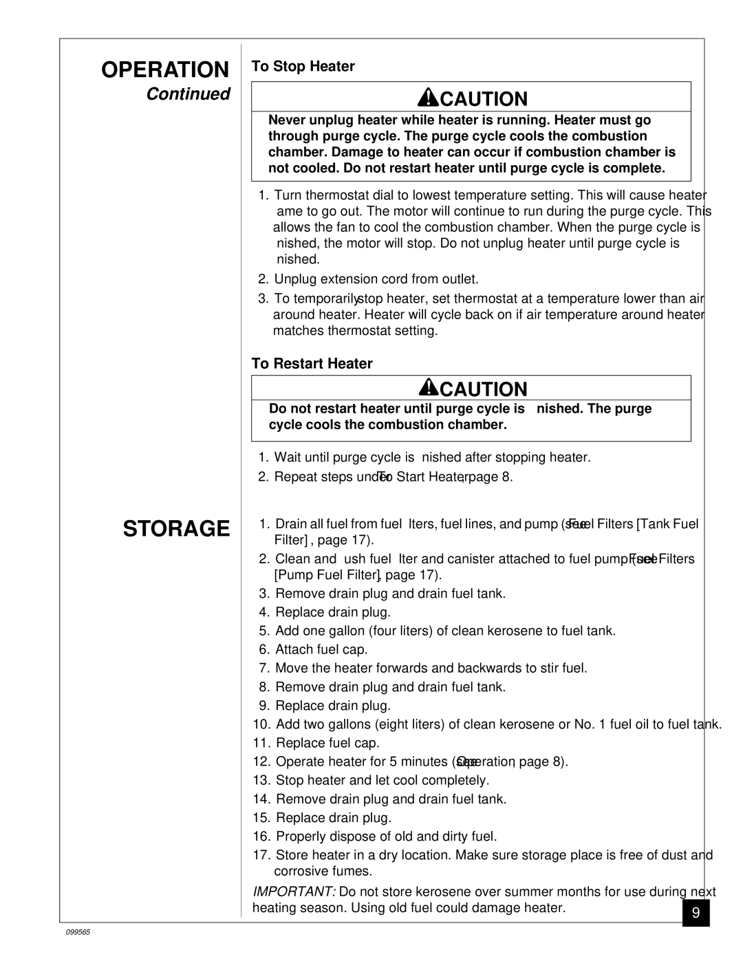 Master Lock B350EAI owner manual Operation Storage, To Stop Heater, To Restart Heater 