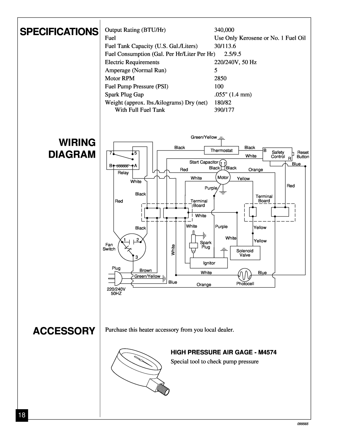 Master Lock B350EAI owner manual Wiring Diagram Accessory, Specifications, HIGH PRESSURE AIR GAGE - M4574 