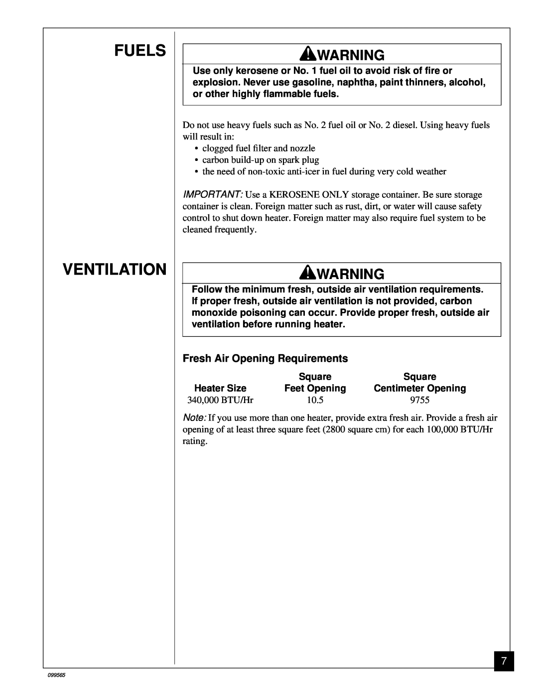 Master Lock B350EAI owner manual Fuels Ventilation, Fresh Air Opening Requirements, 340,000 BTU/Hr, 10.5, 9755 