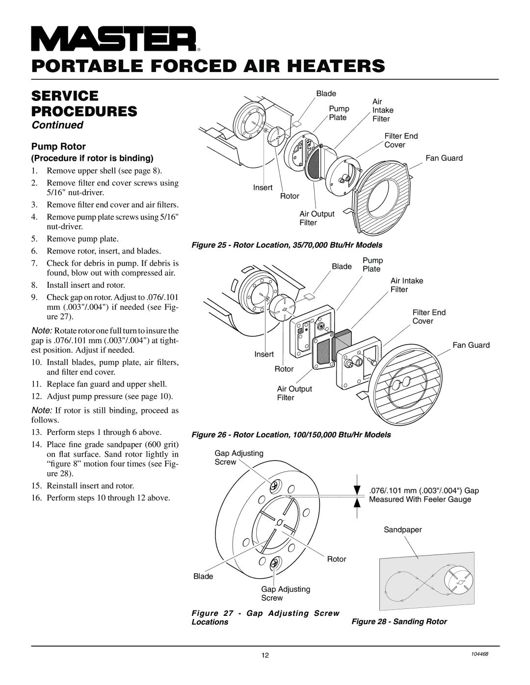 Master Lock B70CEA, B35CEA, B150CEA, B100CEA owner manual Pump Rotor, Procedure if rotor is binding 