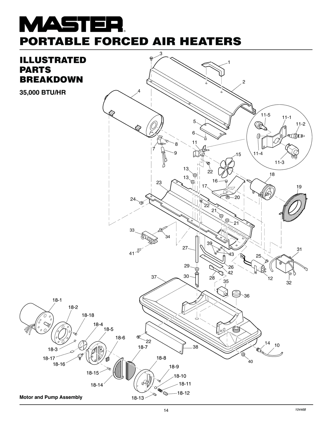 Master Lock B150CEA, B70CEA, B35CEA, B100CEA owner manual Illustrated Parts Breakdown, 35,000 BTU/HR 