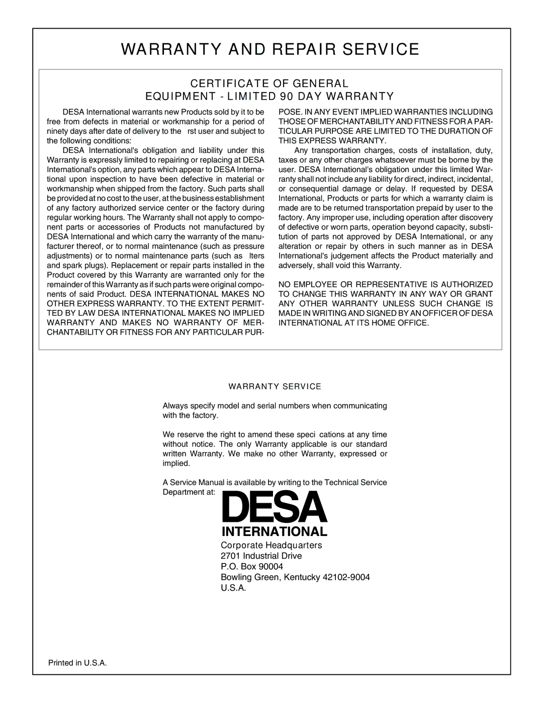 Master Lock B70CEA, B35CEA, B150CEA, B100CEA owner manual Warranty and Repair Service, Corporate Headquarters 