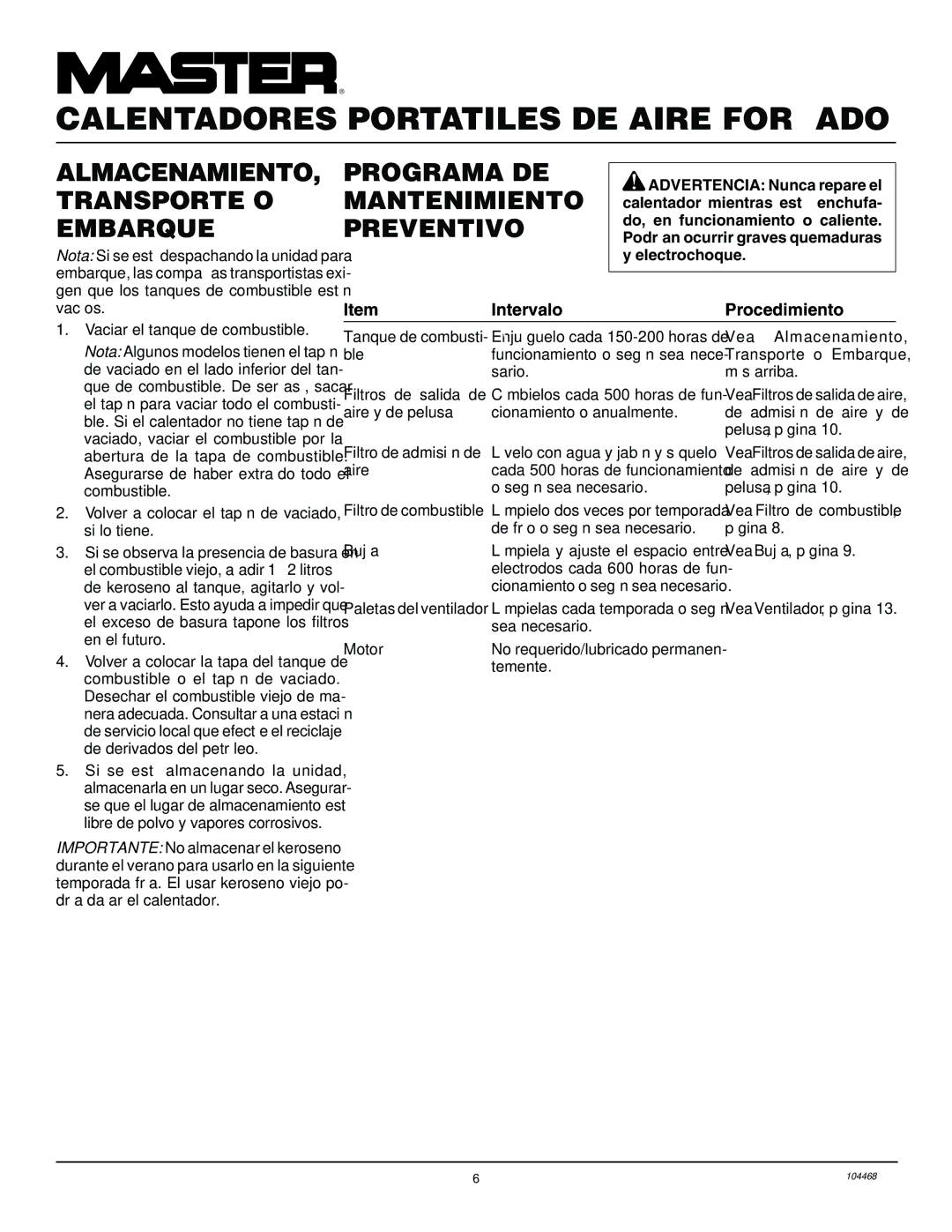 Master Lock B150CEA Almacenamiento Programa DE, Transporte O Mantenimiento, Embarque Preventivo, Intervalo Procedimiento 