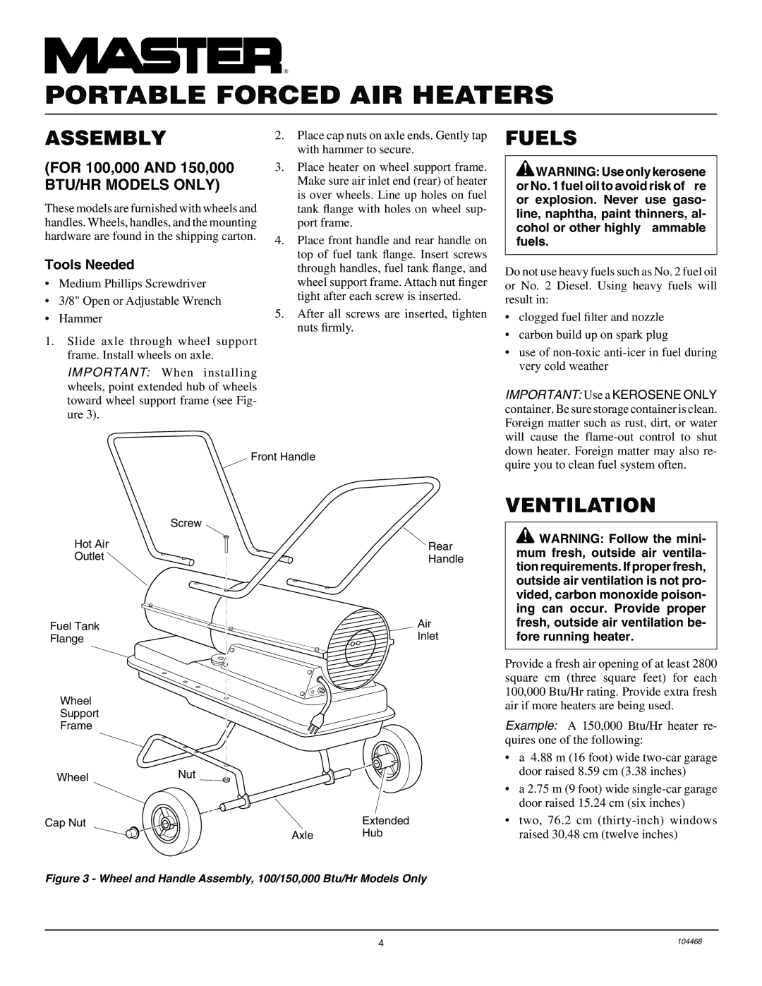 Master Lock B70CEA, B35CEA, B150CEA Assembly, Fuels, Ventilation, For 100,000 and 150,000 BTU/HR Models only, Tools Needed 