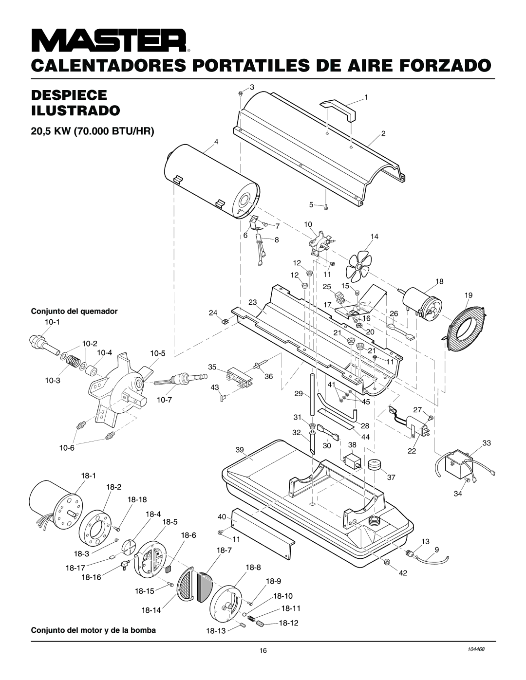 Master Lock B70CEA, B35CEA, B150CEA, B100CEA owner manual 20,5 KW 70.000 BTU/HR, Conjunto del quemador 