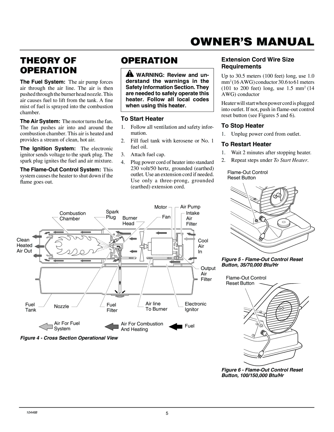 Master Lock B35CEA, B70CEA Theory Operation, To Start Heater, Extension Cord Wire Size Requirements, To Stop Heater 