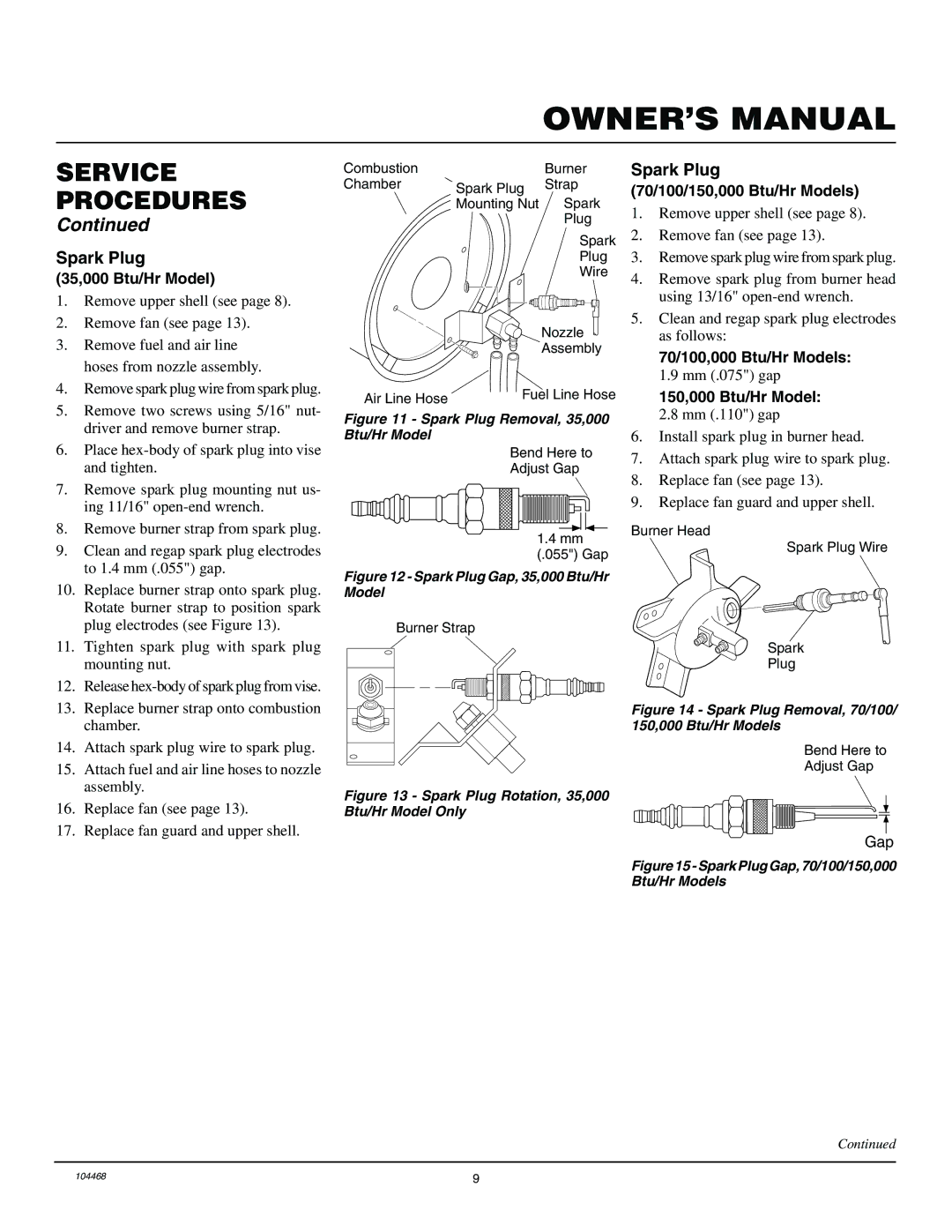 Master Lock B35CEA, B70CEA, B150CEA Spark Plug, 35,000 Btu/Hr Model, 70/100/150,000 Btu/Hr Models, 70/100,000 Btu/Hr Models 