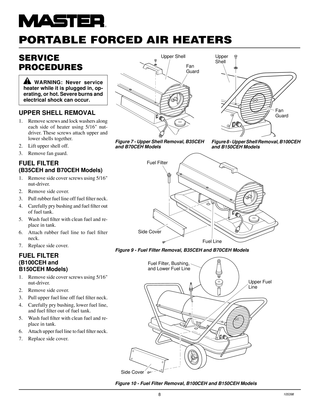 Master Lock B150CEH, B100CEH owner manual Service Procedures, Upper Shell Removal, Fuel Filter, B35CEH and B70CEH Models 