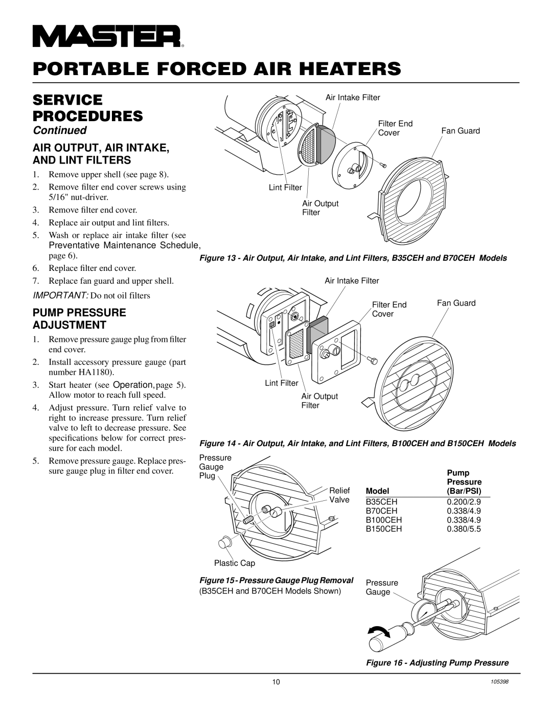 Master Lock B70CEH, B35CEH, B150CEH, B100CEH owner manual AIR OUTPUT, AIR INTAKE, and Lint Filters, Pump Pressure Adjustment 